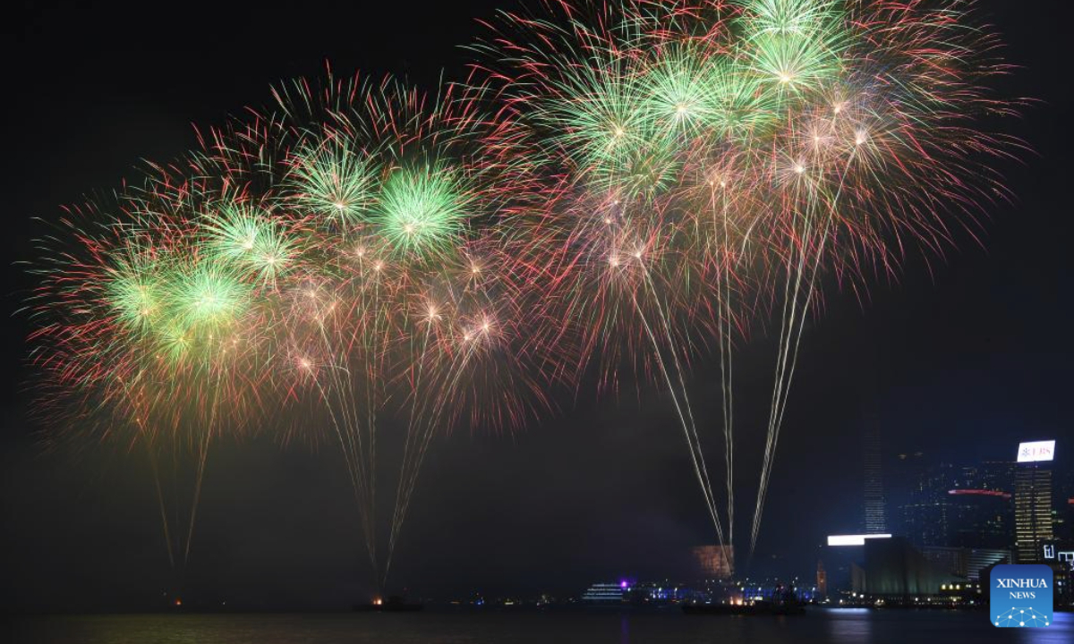 Fireworks celebrating the 76th anniversary of the founding of the People's Republic of China illuminate the sky over Victoria Harbour in Hong Kong, south China, Oct. 1, 2025. (Xinhua/Chen Duo)