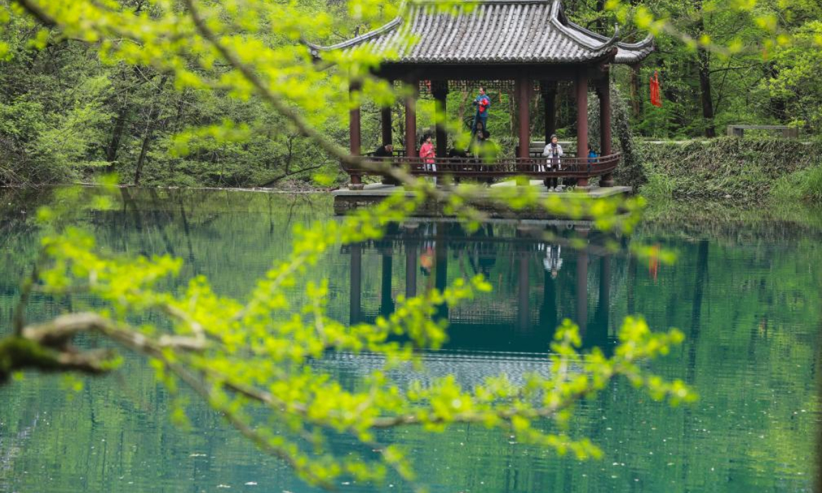 Tourists visit Tianmu Mountain scenic spot in Hangzhou, east China's Zhejiang Province, April 4, 2021. (Photo by Hu Jianhuan/Xinhua)
