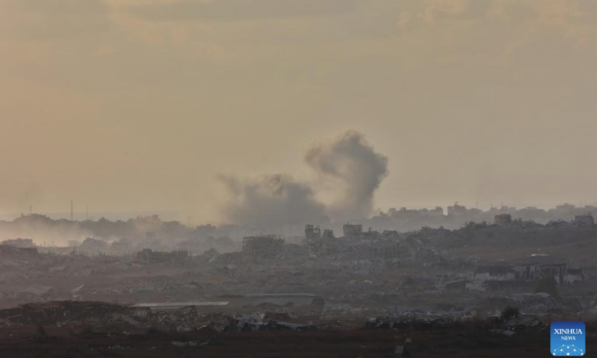 Smoke rises from damaged buildings in Gaza City as seen from southern Israeli border on Sept. 25, 2025. (Photo by Gil Cohen Magen/Xinhua)