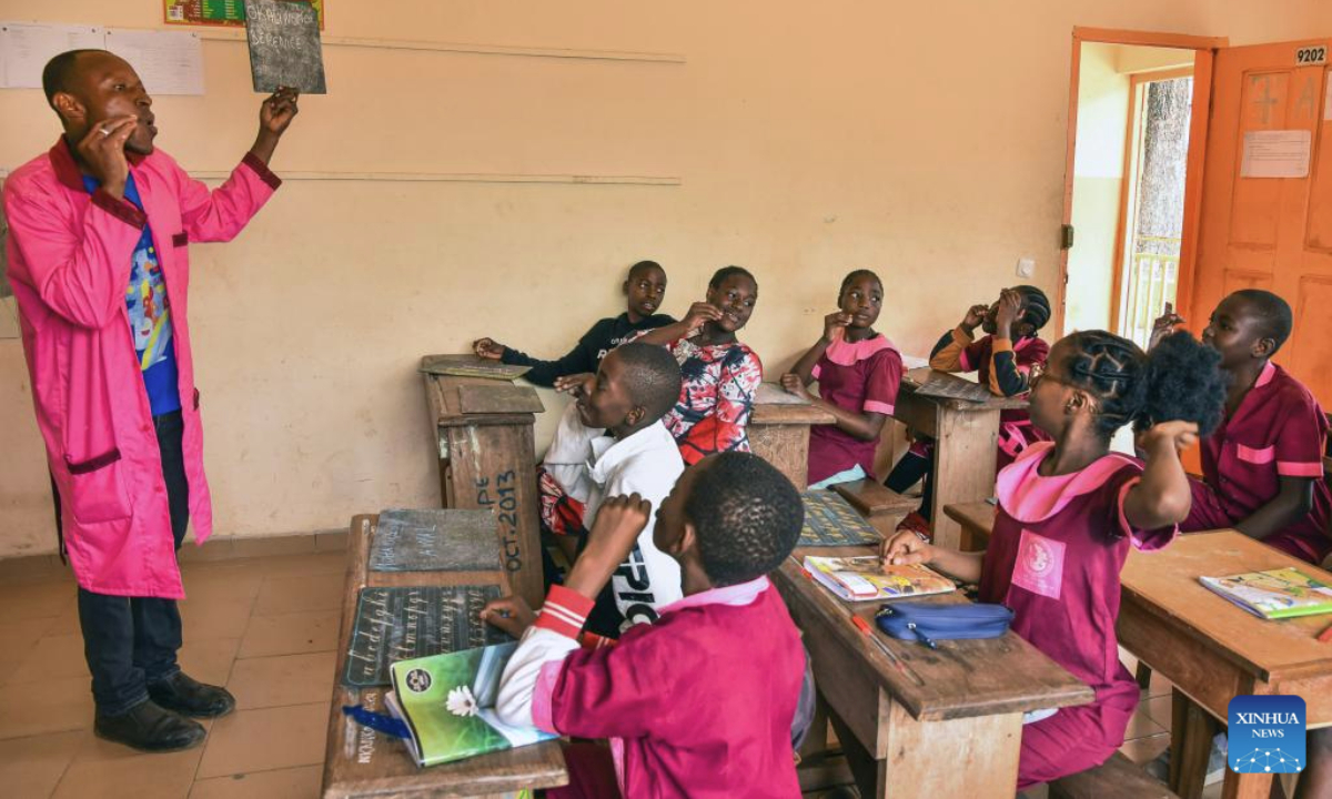 A teacher gives a lesson on sign language at a special school for hearing-impaired children in Yaounde, Cameroon, Sept. 22, 2025.

The International Day of Sign Languages is observed annually on Sept. 23. (Xinhua/Kepseu)