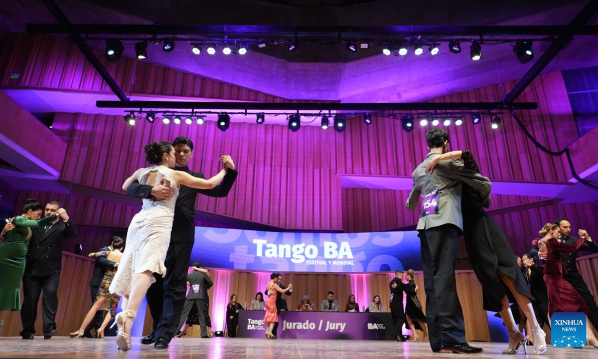 Dancers perform during a competition of the Tango Festival in Buenos Aires, Argentina, Aug. 24, 2025. (Xinhua)