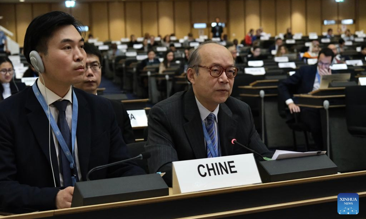 Chen Xu (R), China's permanent representative to the United Nations (UN) Office at Geneva and other international organizations in Switzerland, speaks at the 60th session of the UN Human Rights Council (UNHRC) in Geneva, Switzerland, on Sept. 25, 2025. Chen Xu on Thursday called on all parties to improve global human rights governance at the 60th session of the UNHRC. (Xinhua/Lian Yi)
