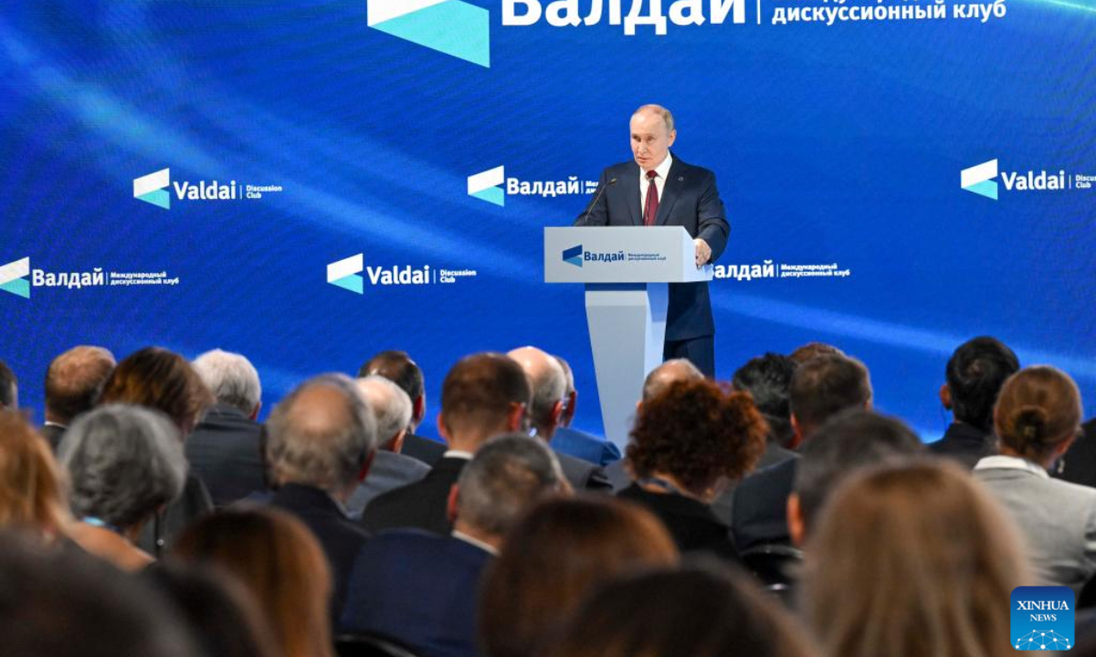 Russian President Vladimir Putin speaks at the 22nd annual meeting of the Valdai International Discussion Club in Sochi, Russia, on Oct. 2, 2025. (Xinhua/Hao Jianwei)