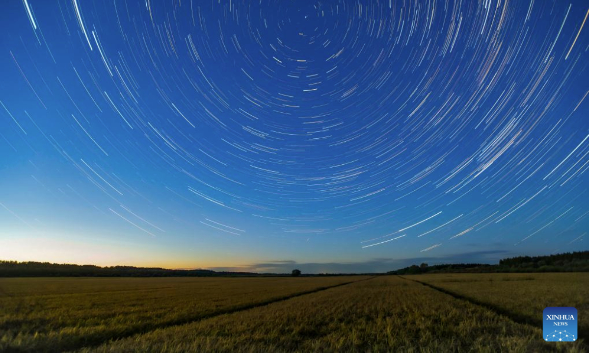 This stack composite photo taken on Sept. 15, 2025 shows rice paddies under the starry sky in Jiayin County, northeast China's Heilongjiang Province. (Photo by Li Shaojun/Xinhua)