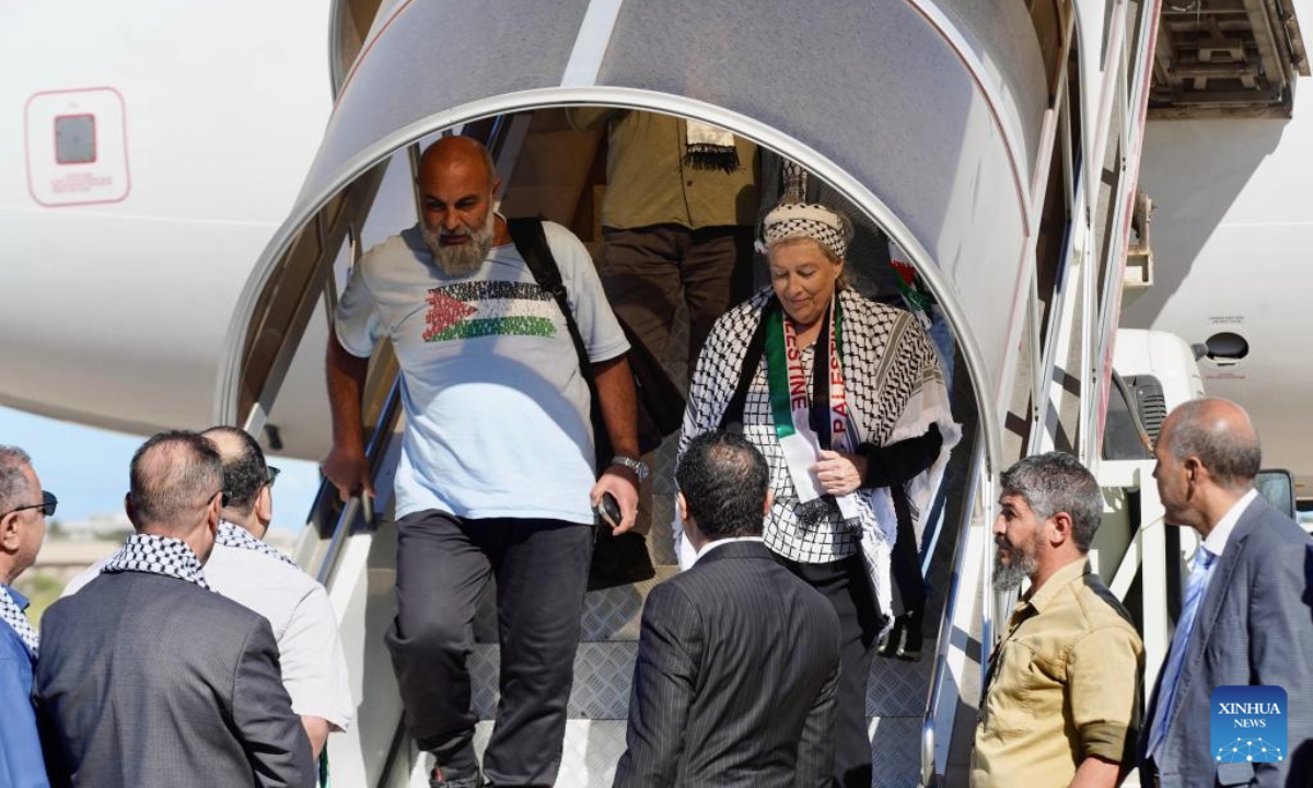 People welcome crew members of the Global Sumud Flotilla released from Israeli custody at Mitiga International Airport in Tripoli, Libya, on Oct. 8, 2025.

The Libyan vessel Omar Al Mukhtar departed from Tripoli on Sept. 21 to join the Global Sumud Flotilla bound for Gaza. En route, the vessel was intercepted by Israel, and the crew was detained. (Photo by Hazem Turkia/Xinhua)