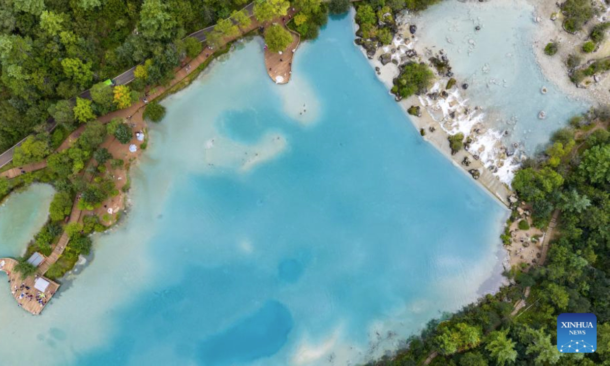 An aerial drone photo taken on Sept. 8, 2025 shows the scenery of Lanyue (Blue Moon) Valley in Lijiang City, southwest China's Yunnan Province. (Xinhua/Hu Chao)