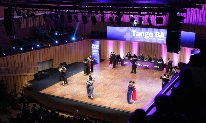Dancers perform during a competition of the Tango Festival in Buenos Aires, Argentina, Aug. 24, 2025. (Xinhua)