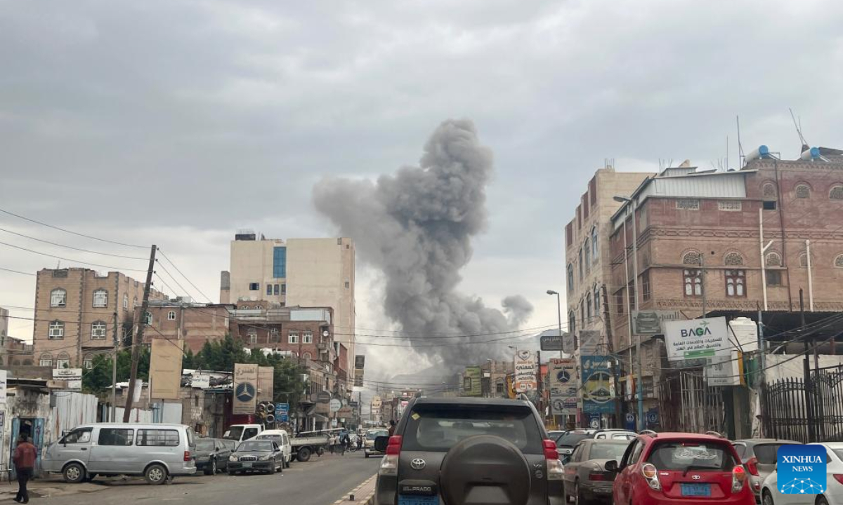 This photo taken with a mobile phone shows smoke rising after Israeli airstrikes in Sanaa, Yemen, Sept. 10, 2025. At least nine people were killed and 118 others wounded following a series of Israeli airstrikes on Yemen's capital Sanaa and al-Jawf province in the north on Wednesday evening, the Houthis, who control the areas, said in a statement. (Str/Xinhua)