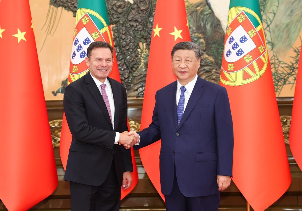 Chinese President Xi Jinping meets with Portuguese Prime Minister Luis Montenegro at the Great Hall of the People in Beijing, capital of China, Sept. 9, 2025. (Xinhua/Huang Jingwen)