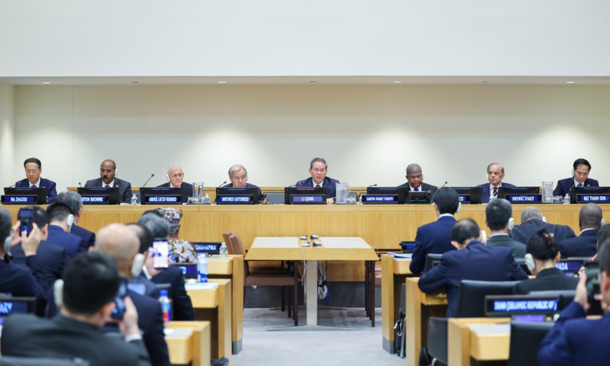 Chinese Premier Li Qiang addresses a high-level meeting on the Global Development Initiative held by China at the UN headquarters in New York, Sept. 23, 2025. (Xinhua/Liu Bin)