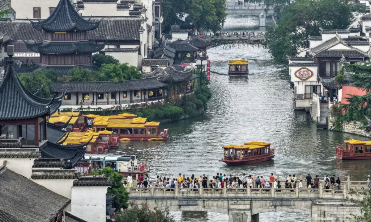 A drone photo taken on Oct. 7, 2025 shows tourists visiting the Fuzi (Confucius) Temple scenic area in Nanjing, east China's Jiangsu Province. (Xinhua/Li Bo)