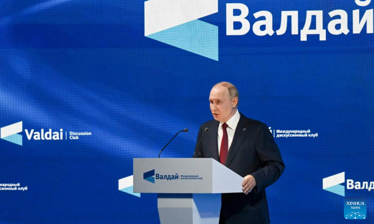 Russian President Vladimir Putin speaks at the 22nd annual meeting of the Valdai International Discussion Club in Sochi, Russia, on Oct. 2, 2025. (Xinhua/Hao Jianwei)