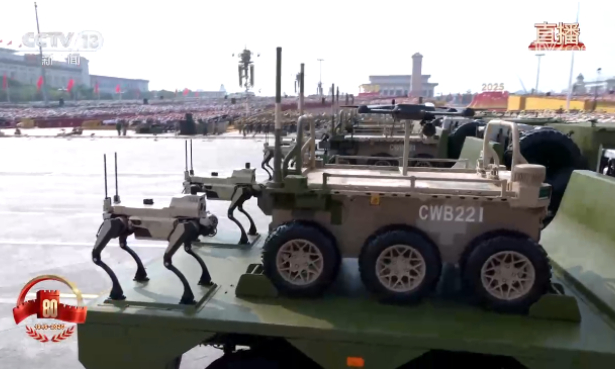 Unmanned land equipment is reviewed at China's V-Day military parade on September 3, 2025. Photo: CCTV News