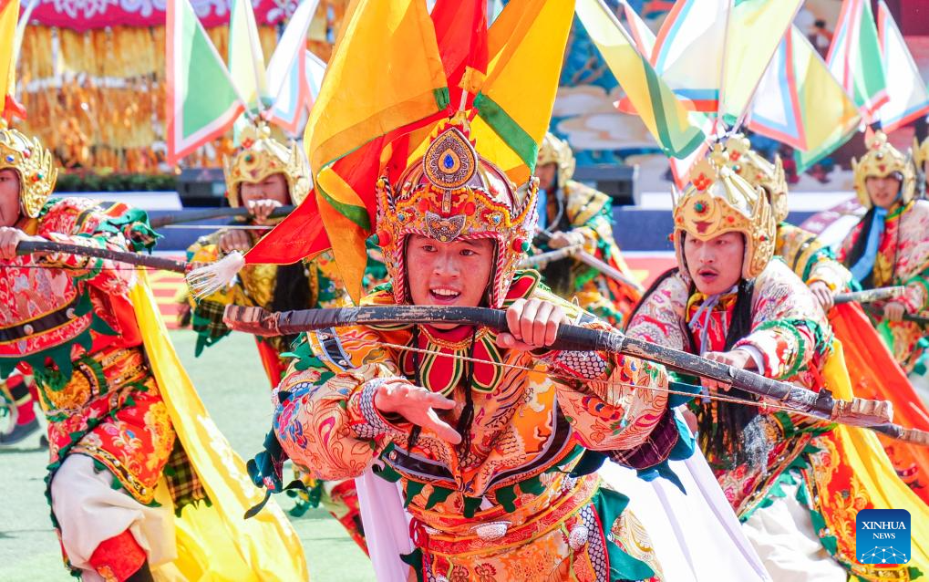 Performers from Riwoqe County dance during the opening ceremony of a culture and arts festival themed on the ancient Tea Horse Road in Qamdo, southwest China's Xizang Autonomous Region, Sept. 15, 2025. Qamdo used to be a key stop along the ancient Tea Horse Road, a trade route which dates back to the Tang Dynasty (618-907) and spans multiple regions. (Xinhua/Kelsang Namgyai)