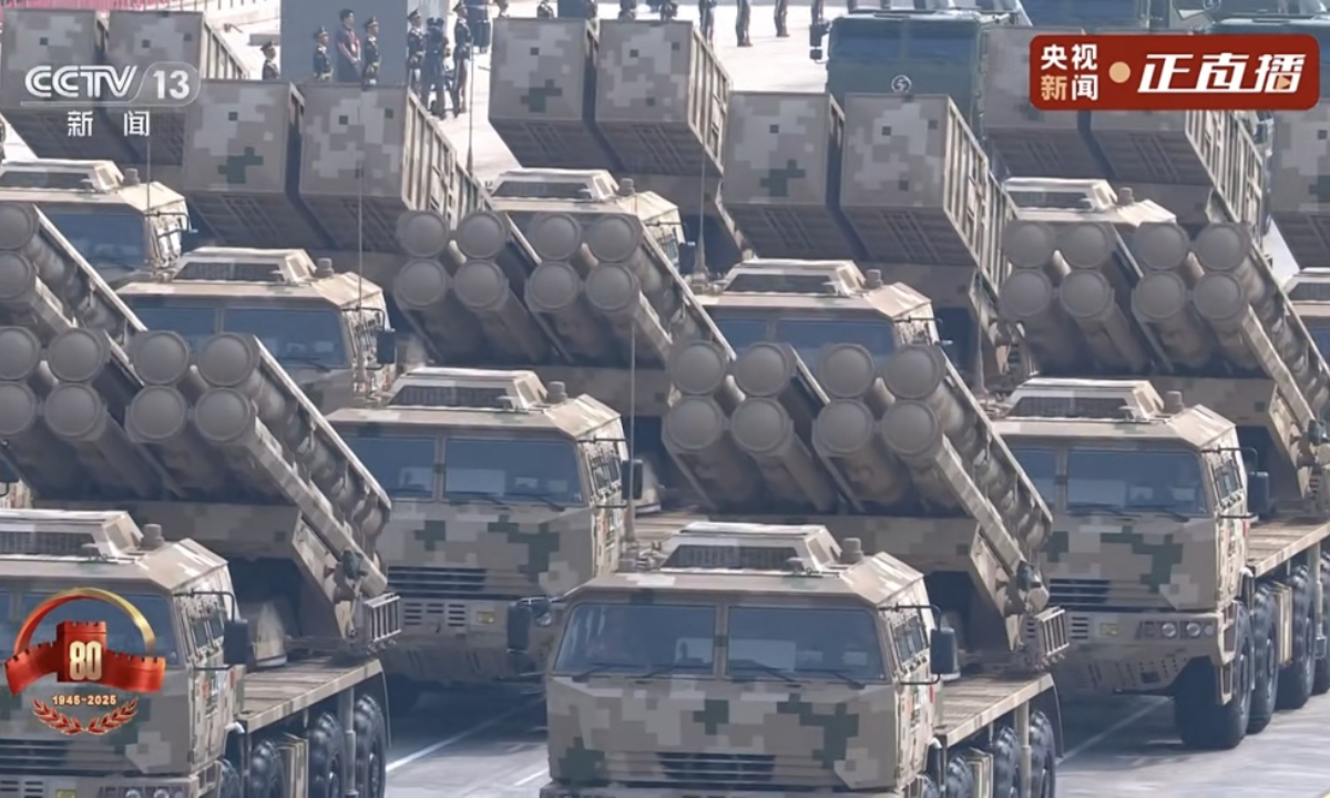 Two variants of Type 191 modularized rocket artillery are reviewed at China's V-Day military parade on September 3, 2025. Photo: Screenshot from CCTV News