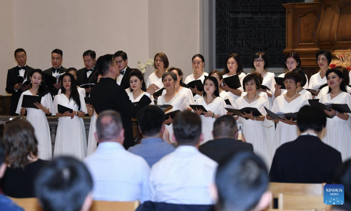 The Voices of Peace concert by choirs from China is staged in Morges, Switzerland, Sept. 17, 2025. The concert enchanted an audience including guests from Switzerland, France, Italy, as well as members of the local Chinese community. (Xinhua/Lian Yi)