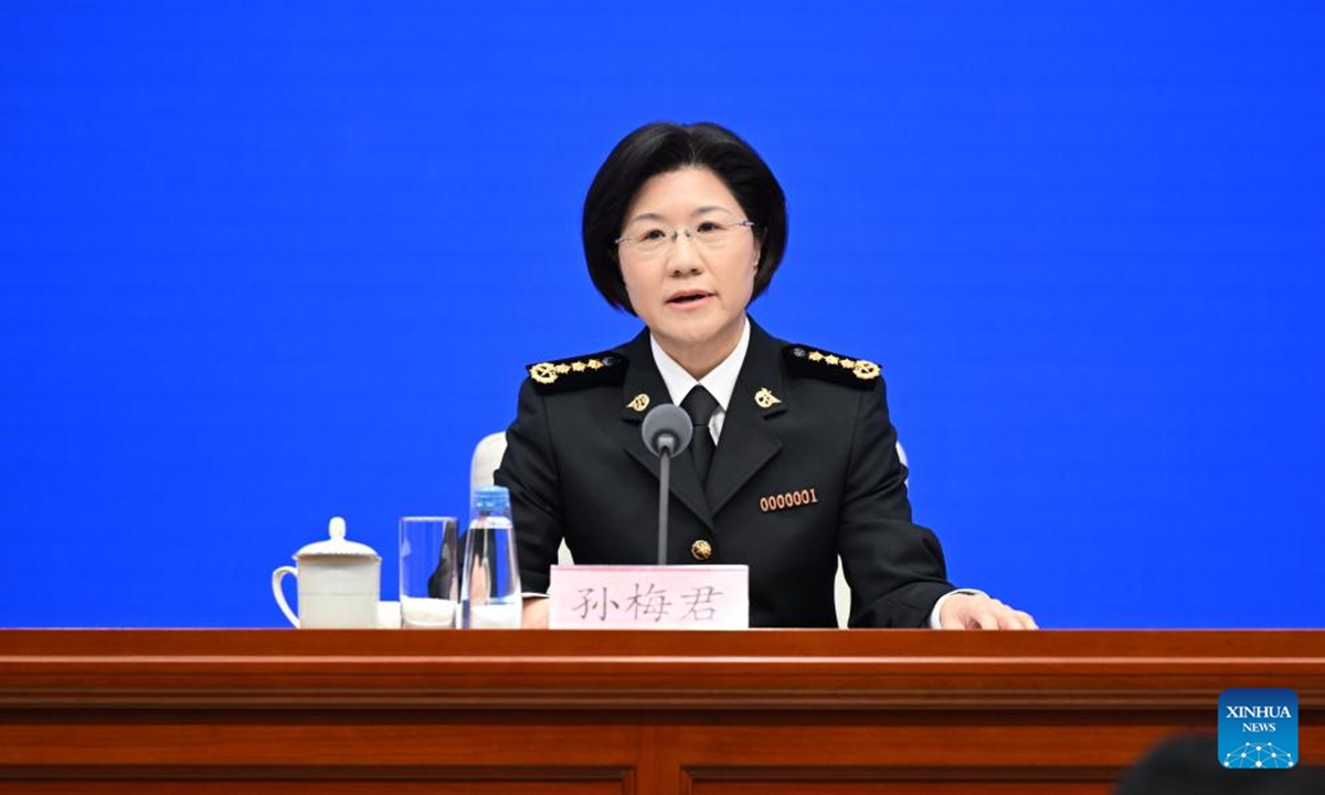 Sun Meijun, head of the General Administration of Customs, speaks at a press conference held by the State Council Information Office (SCIO) on China Customs' achievements in safeguarding borders and promoting high-quality development in the 14th Five-Year Plan period (2021-2025) in Beijing, capital of China, Aug. 25, 2025. (Xinhua)