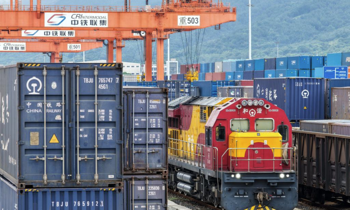 A drone photo taken on Sept. 8, 2025 shows a China-Europe freight train waiting to depart from the Tuanjiecun Station in southwest China's Chongqing. From January to July this year, the China-Europe freight train from southwest China's Chengdu and Chongqing has made over 3,400 trips, transporting more than 280,000 twenty-foot equivalent units (TEUs) of import and export goods. (Xinhua/Tang Yi)
