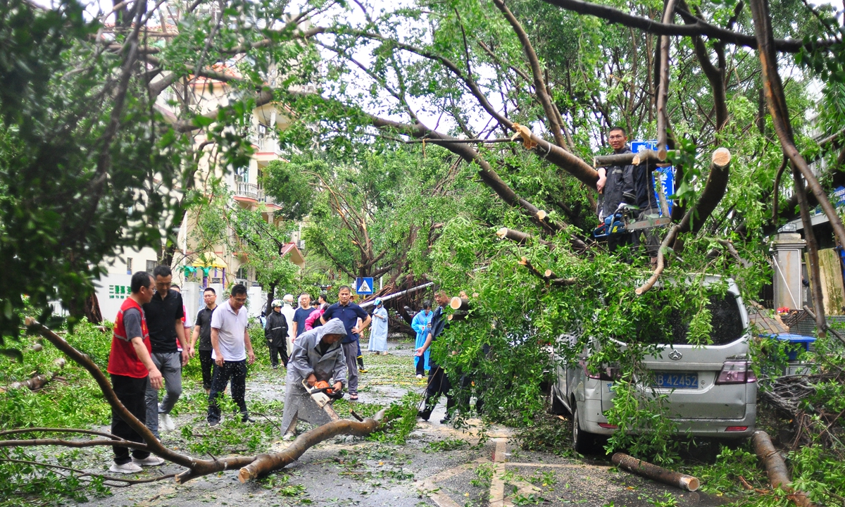 Rescue personnel and local volunteers work together to clear roadblocks caused by Typhoon Kajiki in Sanya, South China's Hainan Province, on August 25, 2025. The passage of Typhoon Kajiki has brought heavy rain to the city, resulting in fallen trees blocking roads. Photo: VCG