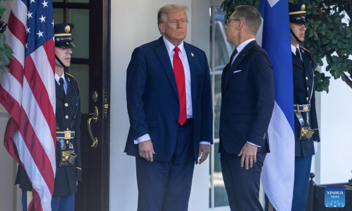 U.S. President Donald Trump (2nd L) welcomes Finnish President Alexander Stubb (2nd R) at the White House in Washington, D.C., the United States, Oct 9, 2025. (Xinhua/Hu Yousong)
