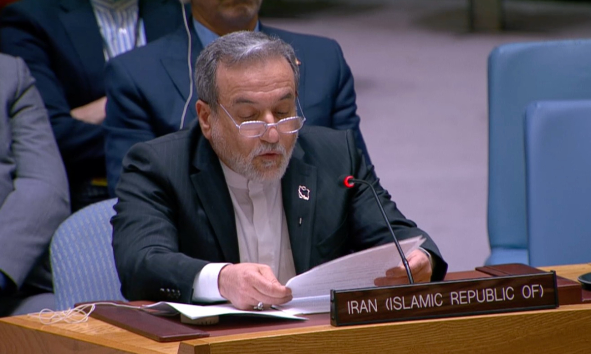 Iran's Foreign Minister Seyed Abbas Araghchi speaks at the UN Security Council on failed Russia-China draft resolution on September 26, 2025. Screenshot of video of UN website.
