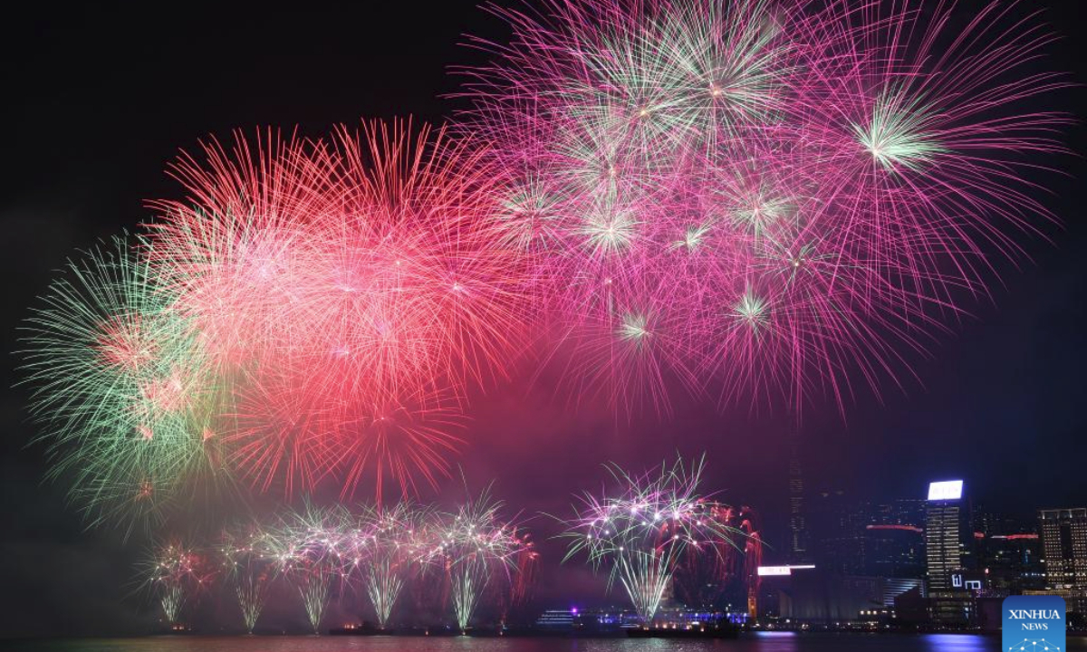 Fireworks celebrating the 76th anniversary of the founding of the People's Republic of China illuminate the sky over Victoria Harbour in Hong Kong, south China, Oct. 1, 2025. (Xinhua/Chen Duo)