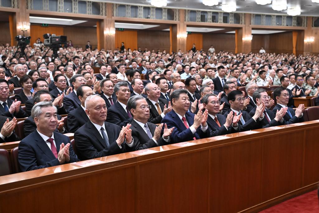 Party and state leaders Xi Jinping, Li Qiang, Zhao Leji, Wang Huning, Cai Qi, Ding Xuexiang, Li Xi, and Han Zheng, together with about 6,000 people, watch a grand cultural gala at the Great Hall of the People in Beijing, capital of China, Sept. 3, 2025. With the theme of Justice Prevails, the gala was staged on Wednesday evening to commemorate the 80th anniversary of the victory of the Chinese People's War of Resistance against Japanese Aggression and the World Anti-Fascist War. (Xinhua/Yan Yan)