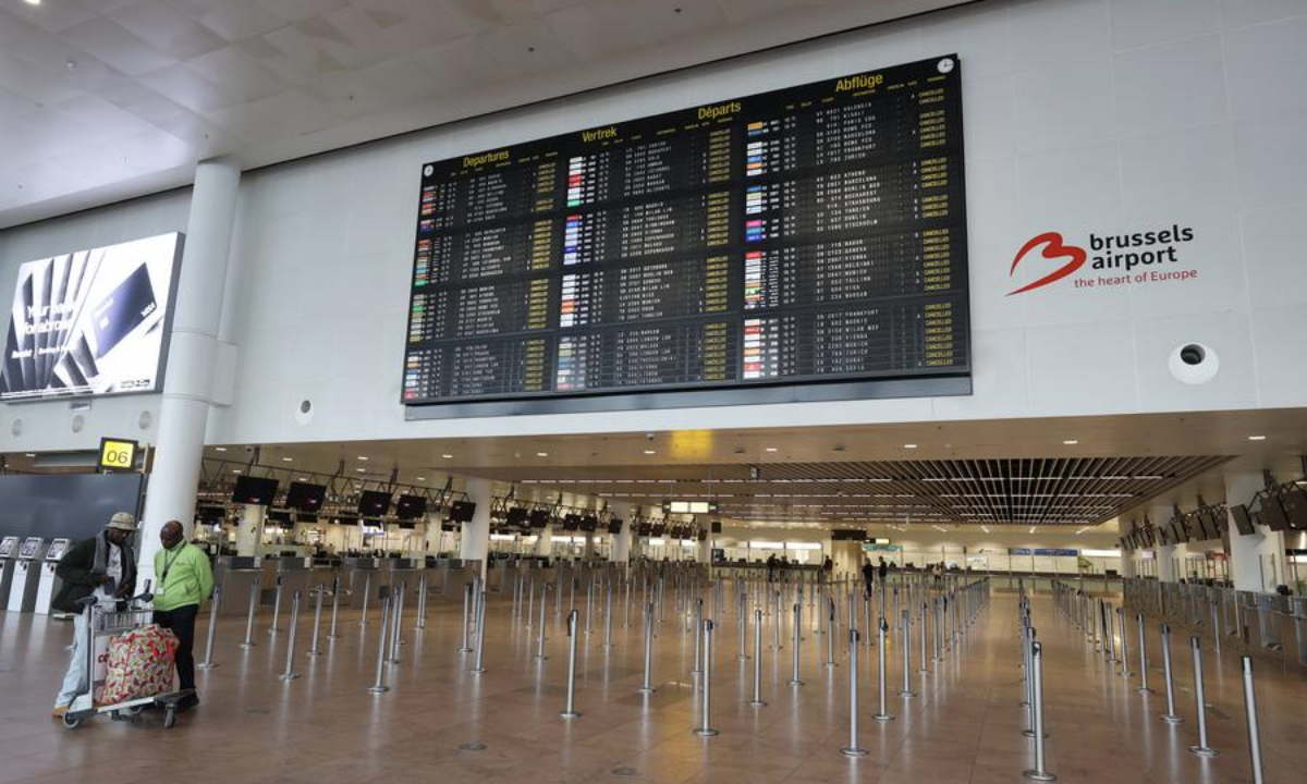 The empty departure hall of Brussels Airport is seen in Zaventem, Belgium, Feb. 13, 2025.  (Xinhua/Zhao Dingzhe)