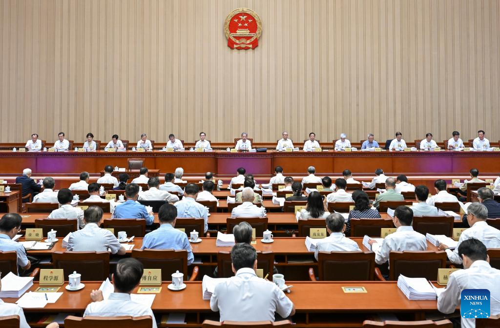 Zhao Leji, chairman of the 14th National People's Congress Standing Committee, presides over the first plenary meeting of the committee's 17th session at the Great Hall of the People in Beijing, capital of China, Sept. 8, 2025. (Xinhua/Zhang Ling)