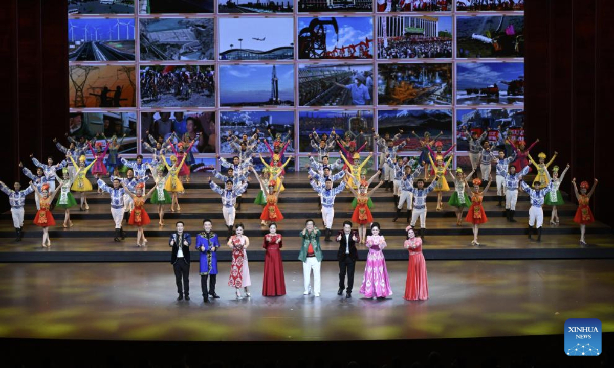 A gala entitled Beautiful Xinjiang is held to mark the 70th founding anniversary of Xinjiang Uygur Autonomous Region in Urumqi, the regional capital, Sept. 24, 2025. (Xinhua/Shen Hong)