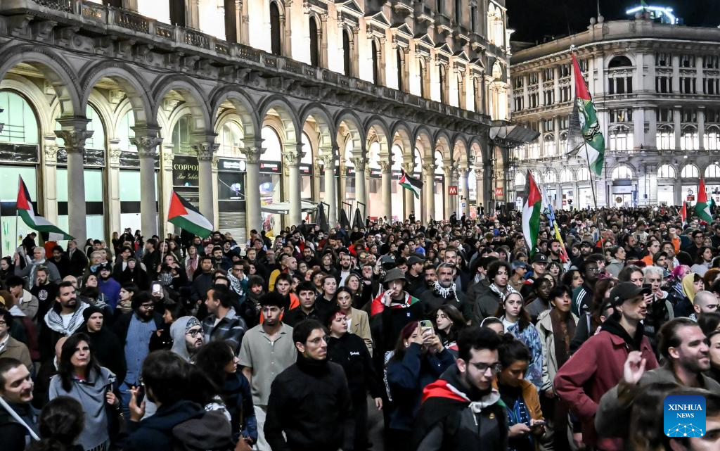 Protesters gather for a demonstration at Piazza del Duomo in Milan, Italy, Oct. 1, 2025. (Str/Xinhua)
