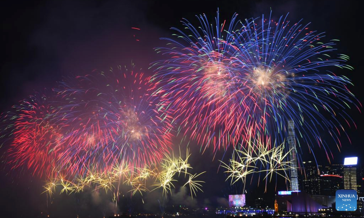 Fireworks celebrating the 76th anniversary of the founding of the People's Republic of China illuminate the sky over Victoria Harbour in Hong Kong, south China, Oct. 1, 2025. (Xinhua/Chen Duo)