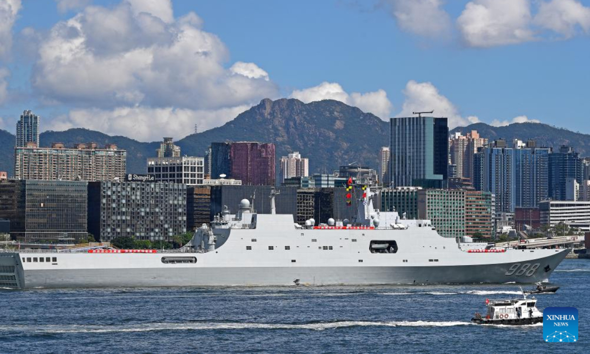 Chinese People's Liberation Army (PLA) Navy ship Yimengshan (L) and Qi Jiguang sail through Victoria Harbor in Hong Kong, south China, on Oct. 3, 2025. The Chinese People's Liberation Army (PLA) Navy ships Qi Jiguang and Yimengshan wrapped up their three-day open ship events on Friday morning and departed the Hong Kong Special Administrative Region (HKSAR) for Cambodia, Thailand and Singapore. (Xinhua/Chen Duo)