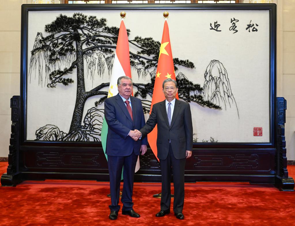 Zhao Leji, chairman of the National People's Congress Standing Committee, meets with Tajik President Emomali Rahmon in Beijing, capital of China, Sept. 3, 2025. Rahmon is in China for the Shanghai Cooperation Organization Summit 2025, as well as commemorations marking the 80th anniversary of the victory in the Chinese People's War of Resistance against Japanese Aggression and the World Anti-Fascist War. (Xinhua/Zhang Ling)