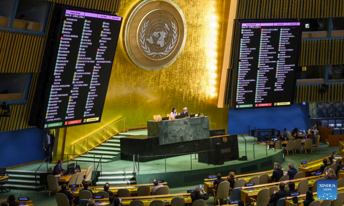 Voting results are displayed during a vote of the General Assembly at the UN headquarters in New York, Sept. 12, 2025. (Loey Felipe/UN Photo/Handout via Xinhua)
