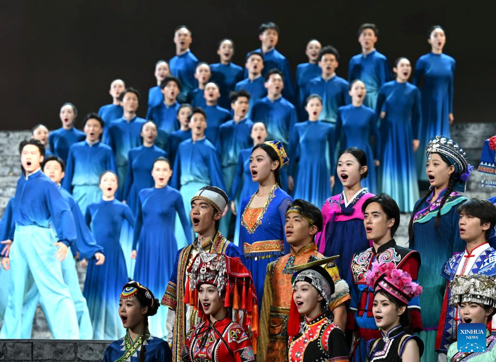 A grand cultural gala with the theme of Justice Prevails is staged to commemorate the 80th anniversary of the victory of the Chinese People's War of Resistance against Japanese Aggression and the World Anti-Fascist War at the Great Hall of the People in Beijing, capital of China, Sept. 3, 2025. (Xinhua/Yan Yan)