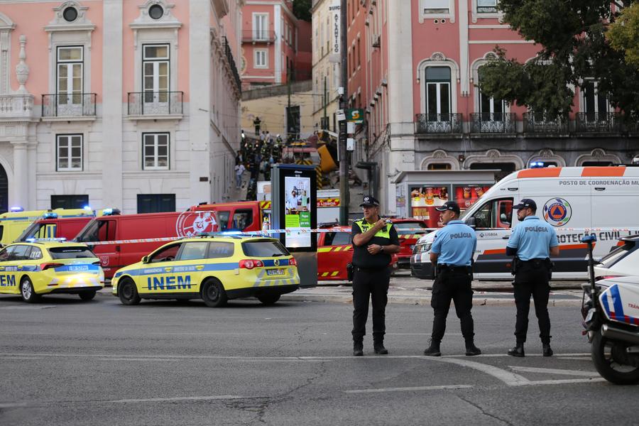 Public Security Police work on the site of the funicular accident in Lisbon, Portugal, on Sept. 3, 2025.  (Xinhua/Xun Wei)