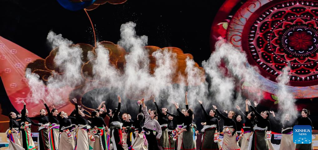 Performers dance during the opening ceremony of a culture and arts festival themed on the ancient Tea Horse Road in Qamdo, southwest China's Xizang Autonomous Region, Sept. 15, 2025. Qamdo used to be a key stop along the ancient Tea Horse Road, a trade route which dates back to the Tang Dynasty (618-907) and spans multiple regions. (Xinhua/Dang Li)