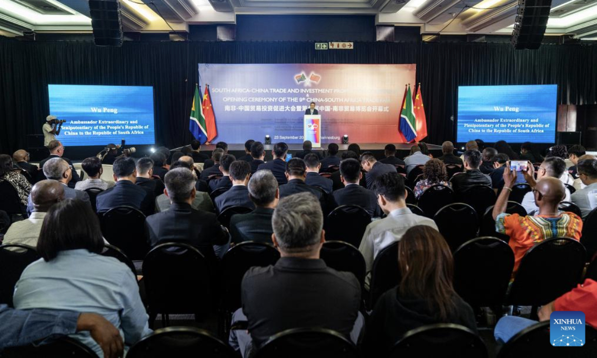 Chinese Ambassador to South Africa Wu Peng addresses the opening ceremony of the South Africa-China Trade and Investment Promotion Conference and the ninth China-South Africa Trade Fair in Johannesburg, South Africa, Sept. 23, 2025.

The two events opened here on Tuesday, drawing thousands of participants seeking to deepen trade and investment ties. (Photo by Shiraaz Mohamed/Xinhua)
