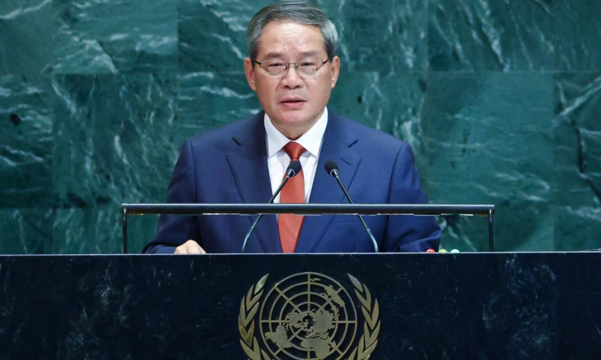 Chinese Premier Li Qiang delivers a speech at the general debate of the 80th session of the UN General Assembly at the UN headquarters in New York, Sept. 26, 2025. (Xinhua/Liu Bin)