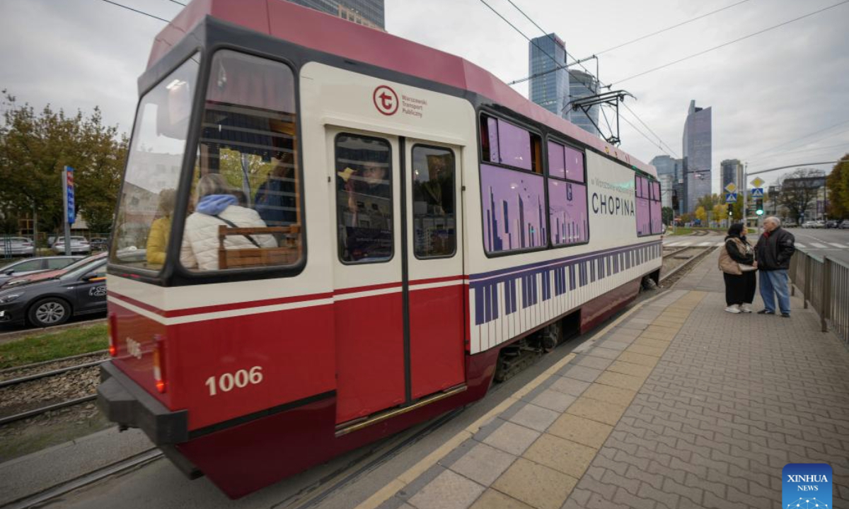 A Chopin Tram passes through downtown Warsaw, Poland, Oct. 9, 2025. The Chopin Tram is a public cultural initiative launched in Warsaw during the International Fryderyk Chopin Piano Competition. Passengers can enjoy live performances of Chopin's music during the ride, turning the city's tram into a moving concert hall.
The 19th International Fryderyk Chopin Piano Competition is currently underway in Warsaw and will run until Oct. 23. (Photo by Jaap Arriens/Xinhua)