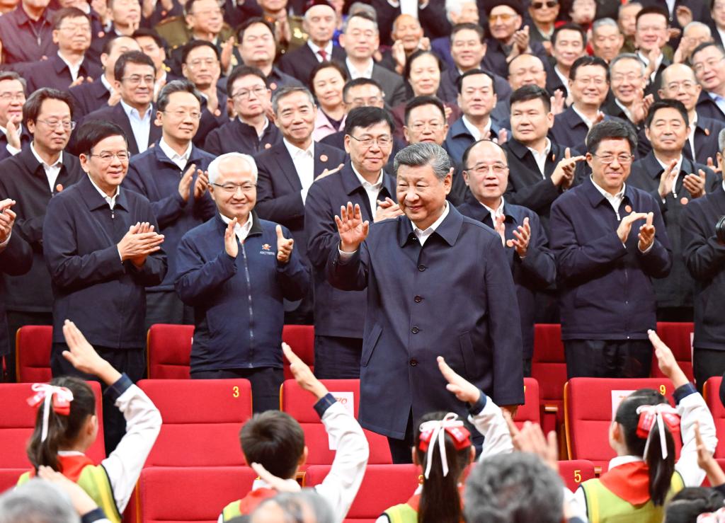 Chinese President Xi Jinping, also general secretary of the Communist Party of China Central Committee and chairman of the Central Military Commission, waves to people while attending a gala marking the 70th founding anniversary of Xinjiang Uygur Autonomous Region in Urumqi, the regional capital, on Sept. 24, 2025. Xi joined people of all ethnic groups in Xinjiang to watch the gala entitled Beautiful Xinjiang. (Xinhua/Shen Hong)