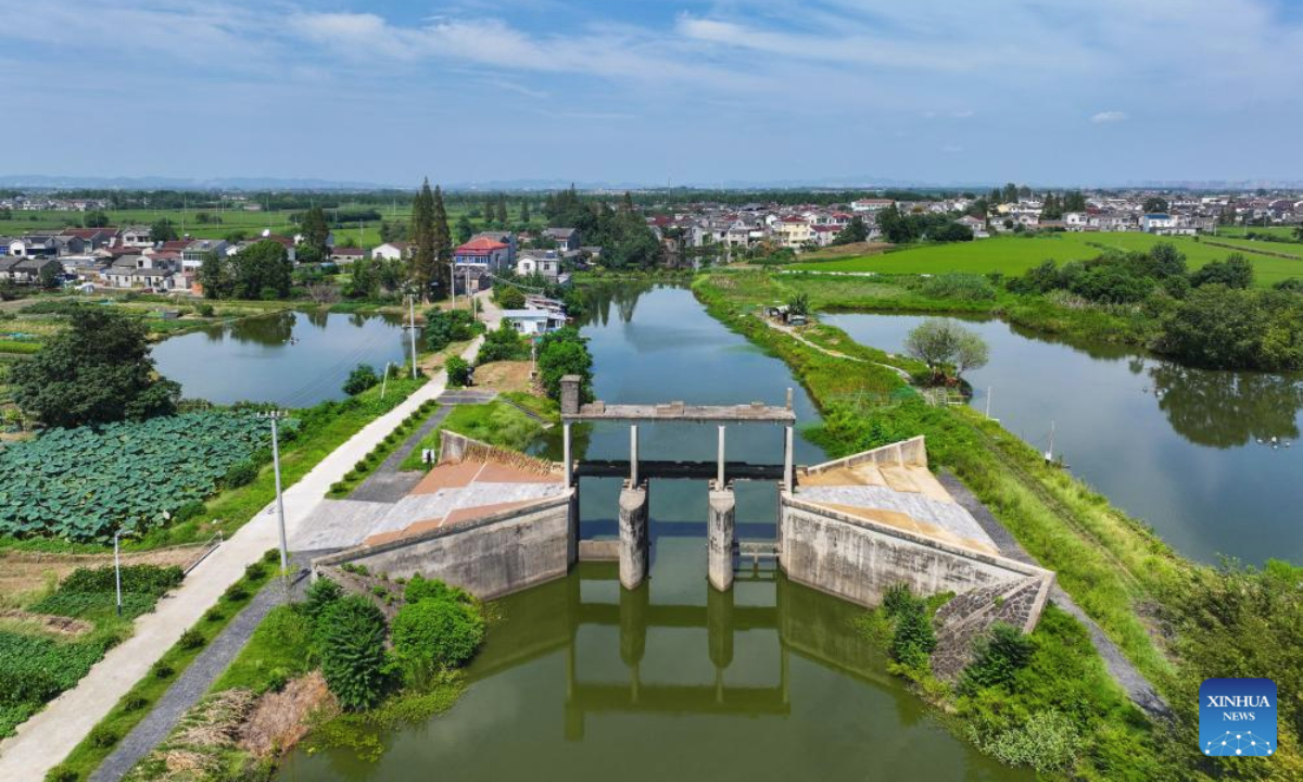 An aerial drone photo taken on Sept. 15, 2025 shows a view of a sluice gate built before 1950 in Jurong City, east China's Jiangsu Province. The 17-century-old Chishan Lake Irrigation System has recently been added to the World Heritage Irrigation Structures (WHIS) list during the 76th International Executive Council Meeting of the International Commission on Irrigation & Drainage (ICID). The system is still nourishing more than 5,100 hectares of arable lands. (Xinhua/Ji Chunpeng)