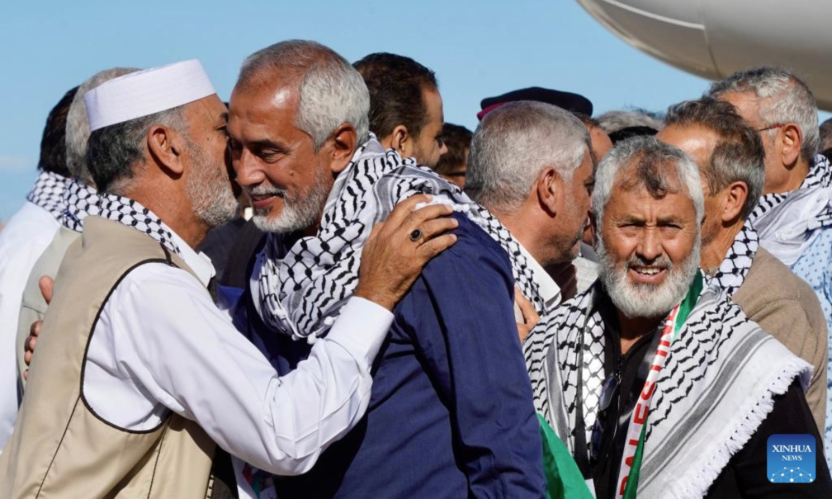 People welcome crew members of the Global Sumud Flotilla released from Israeli custody at Mitiga International Airport in Tripoli, Libya, on Oct. 8, 2025.

The Libyan vessel Omar Al Mukhtar departed from Tripoli on Sept. 21 to join the Global Sumud Flotilla bound for Gaza. En route, the vessel was intercepted by Israel, and the crew was detained. (Photo by Hazem Turkia/Xinhua)