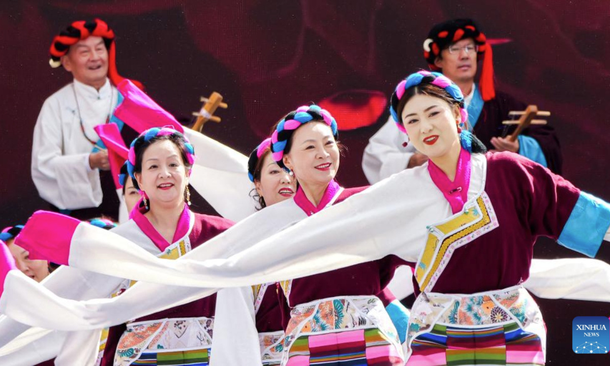 Performers dance during the opening ceremony of a culture and arts festival themed on the ancient Tea Horse Road in Qamdo, southwest China's Xizang Autonomous Region, Sept. 15, 2025. Qamdo used to be a key stop along the ancient Tea Horse Road, a trade route which dates back to the Tang Dynasty (618-907) and spans multiple regions. (Xinhua/Dang Li)