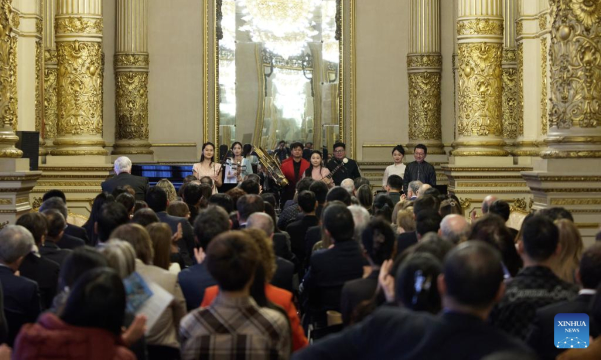 Musicians from China Conservatory of Music perform traditional Chinese pieces during a Chinese folk music concert at the Colon Theater in Buenos Aires, Argentina, Sept. 22, 2025. (Xinhua/Meng Dingbo)