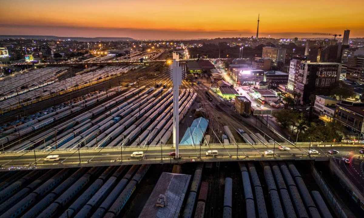 An aerial drone photo taken on Aug. 27, 2024, shows the Nelson Mandela Bridge in Johannesburg, South Africa. (Photo by Shiraaz Mohamed/Xinhua)