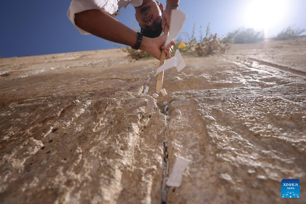 A staff member removes notes from the cracks of the Western Wall in Jerusalem's Old City on Sept. 16, 2025. According to the Jewish tradition, notes left in the Western Wall by worshipers and tourists are removed and respectfully buried before the Jewish New Year to make space for new ones. Each year, hundreds of thousands of such notes bearing blessings and wishes are placed in the Western Wall's cracks by visitors from around the world. (Photo by Jamal Awad/Xinhua)