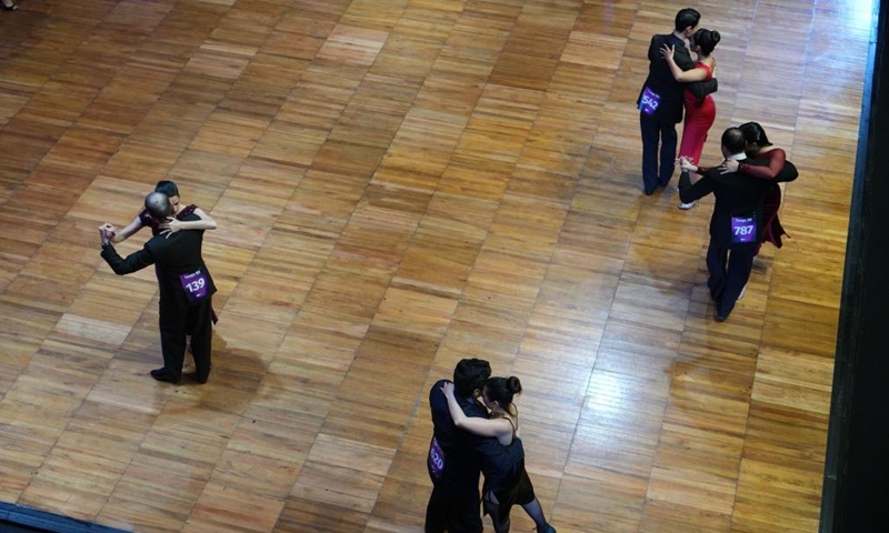 Dancers perform during a competition of the Tango Festival in Buenos Aires, Argentina, Aug. 24, 2025. (Xinhua)