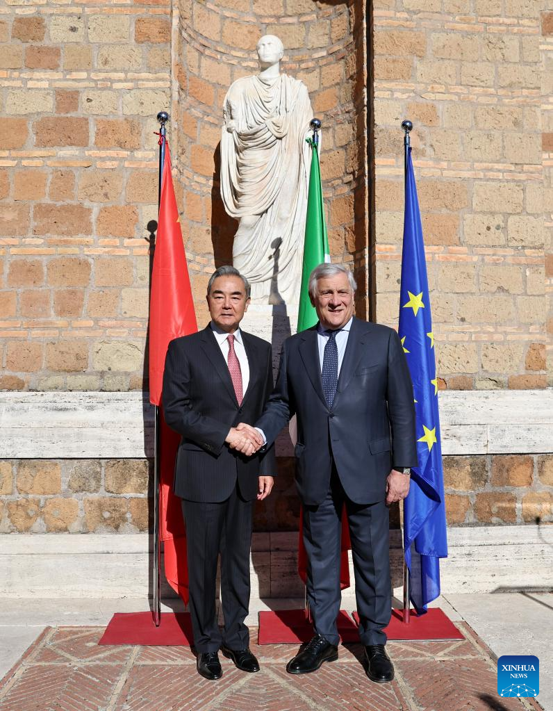 Chinese Foreign Minister Wang Yi, also a member of the Political Bureau of the Communist Party of China Central Committee, meets with Italy's Deputy Prime Minister and Minister of Foreign Affairs and International Cooperation Antonio Tajani in Rome, Italy, Oct. 8, 2025. (Xinhua/Li Jing)